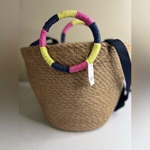 Gap jute tote bucket bag Tan Woven pink yellow blue Handle Beach Vacation NWT